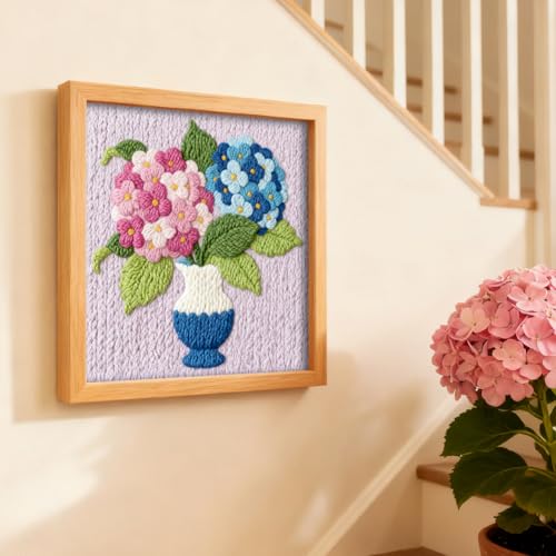 INFUNLY Hydrangea Punch Needle Kits for Beginner Adult Flower DIY Punch Needle Embroidery Starter Kits for Wall Hanging Vase Plant Needles Stitching Kit with Instruction for DIY Crafts Gift Home Decor - style: Hydrangea