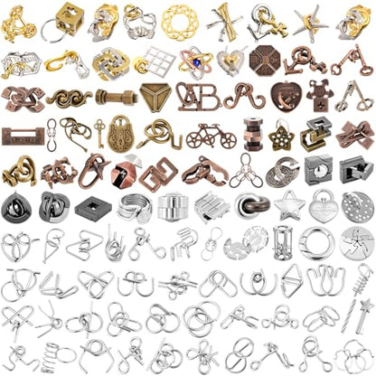 100 Pcs Metal Brain Teaser Puzzles Logic Game Set,Premium Style