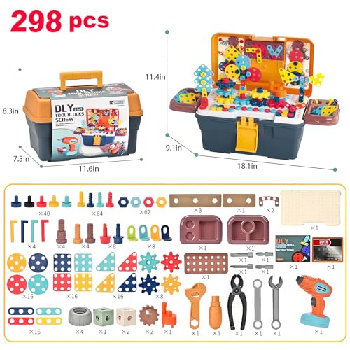 Magic Montessori Play Toolbox, Design and Drill Toy, Kids Tool Set Box Kit for Toddler 3-5 Drill and Screw Toys, Building STEM Educational Kids Real Power Tools Toy for Boy Girl