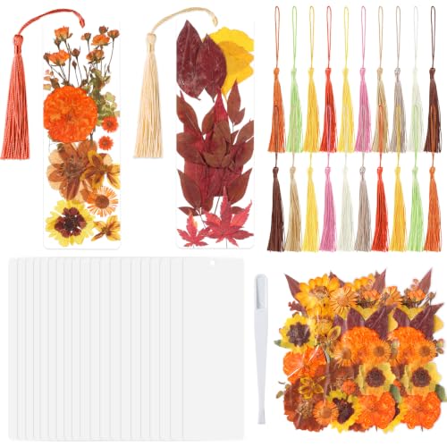 20 Sets Dried Flower Bookmark Making Kit Transparent Bookmark DIY Projects Craft Gift Bulk PET Sticker with Color Tassels and Tweezer for Classroom Activities Reading Award and Book Lovers (Autumn) - style: Autumn