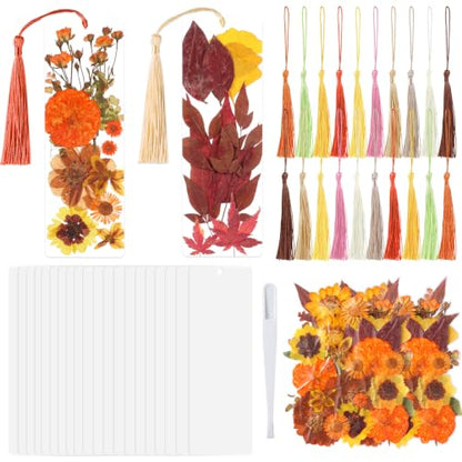 20 Sets Dried Flower Bookmark Making Kit Transparent Bookmark DIY Projects Craft Gift Bulk PET Sticker with Color Tassels and Tweezer for Classroom Activities Reading Award and Book Lovers (Autumn) - style: Autumn