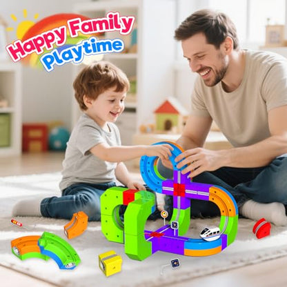 Electric Train Set for Kids, 69Pcs 3D Flexible Race Track Set with Electric Train, Traffic Signs, STEM Train Toy Set for Boys and Girls Aged 3+ Years Old Birthday Gift - color: Yellow - 69pcs