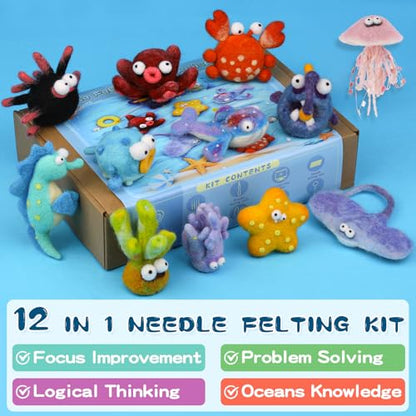 Needle Felting Kit, 12 Sea Animal, 42 Colors Wool Felting Kit for Beginners - color: 12Pcs Marine animals