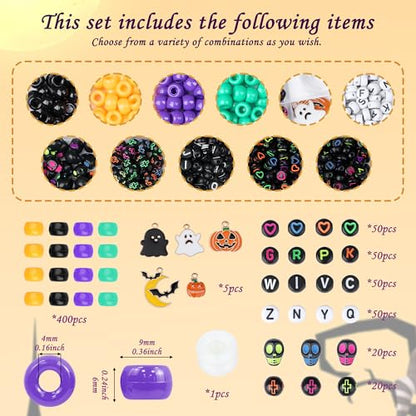 XIANNVXI 10Colours Halloween Pony Letter Beads Set Bracelet Making 640pcs Orange Purple Green White Letter Pony Beads Bulk - color: Halloween C