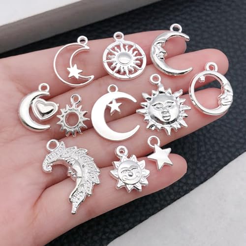WOCRAFT 60pcs Bright Silver Sun Moon Star Bracelet Charms for Jewelry Making Sets DIY Necklace Bracelet Keychain Crafting Charms Kit Craft Supplies (SN837) - color: Bright Silver, size: Sun Moon Star Charms