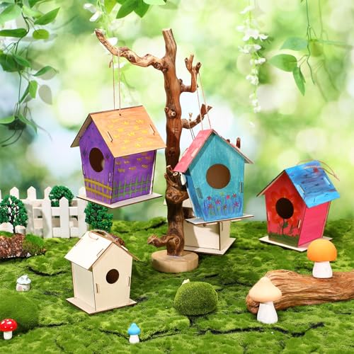 DoubleFill 24 Pcs 6.3'' Wooden Bird Houses Kits Bulk for Kids to Build DIY Unfinished Wood Birdhouses to Paint Wood Arts and Crafts Birthday Gifts for Vbs Crafts Class Parties