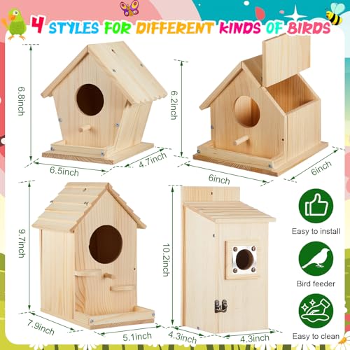 Liliful 4 Pack Bird House Kit for Kid, Wood DIY Birdhouse, Playful Style - color: Playful Style