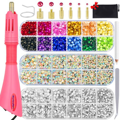 Worthofbest Hotfix Rhinestone Setter, Hot Fix Applicator Tool Bedazzler Kit with rhinestones, Kit, Hot Fixed Wand for Clothes Clothing Fabric Crafts, 5000 Pcs, AB Crystal, Clear, 3 Gems Sizes, Tips