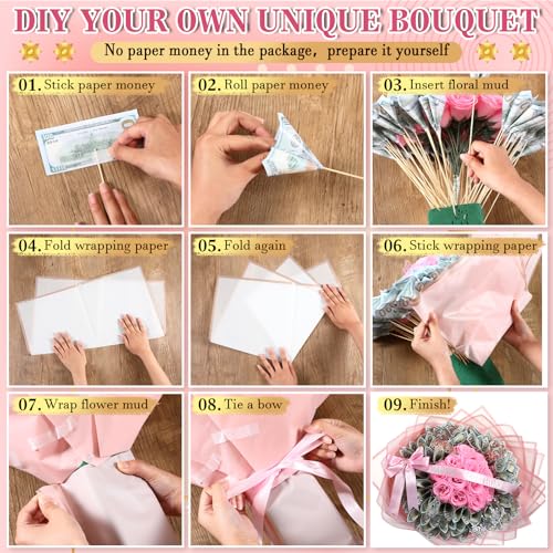 XunYee Bouquet Kit 20 Sheet Flower Wrapping Paper 100 Pcs Bamboo Skewers Floral Foam Blocks for Anniversary Birthday Gift Graduation Mother's Day(Transparent Pink) - color: Transparent Pink