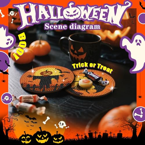 Leatrice 8 PCS Halloween Diamond Art Coasters Set with Holder 4 in - color: AA halloween
