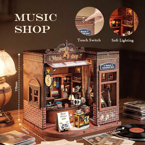 Book Nook Kit DIY Miniature House for Adults, Timeless Music Shop Dollhouse Bookshelf Insert with LED Light, DIY Craft Model Kit for Adults & Teens, Unique Bookshelf Decor Gift for Book Lovers - style: Music Shop