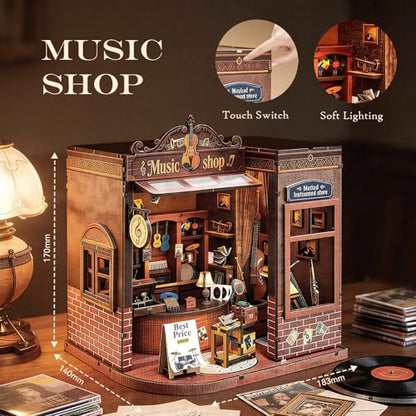 Book Nook Kit DIY Miniature House for Adults, Timeless Music Shop Dollhouse Bookshelf Insert with LED Light, DIY Craft Model Kit for Adults & Teens, Unique Bookshelf Decor Gift for Book Lovers - style: Music Shop