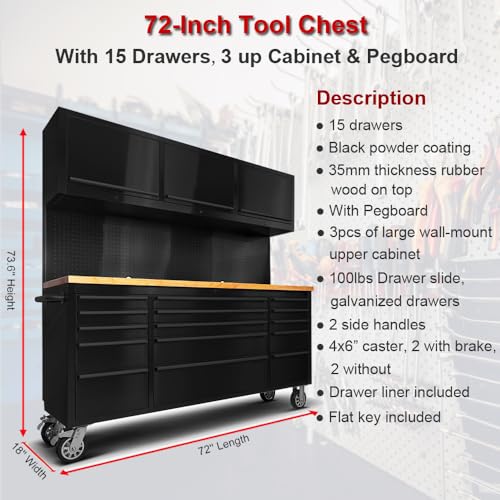 72-Inch Rolling Tool Chest with 15 Drawers + 3 Upper Cabinets, Mobile Workbench, Assembled Large Tool Box Lockable Storage Cabinet with Wheels for Garage Workshop, Matte Black - size: 72'' + 3 Upper Cabinets - Black