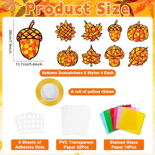 32 Sets Fall Thanksgiving Suncatchers Craft Kit DIY Window Stained Glass Effect Autumn Harvest Paper Crafts Home School Classroom Decoration Kid Birthday Gift Creative Art Project Activity Game - style: Fall