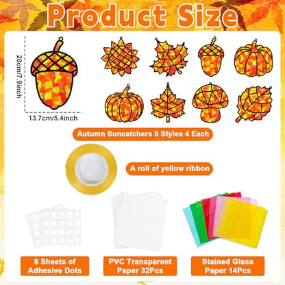 32 Sets Fall Thanksgiving Suncatchers Craft Kit DIY Window Stained Glass Effect Autumn Harvest Paper Crafts Home School Classroom Decoration Kid Birthday Gift Creative Art Project Activity Game - style: Fall