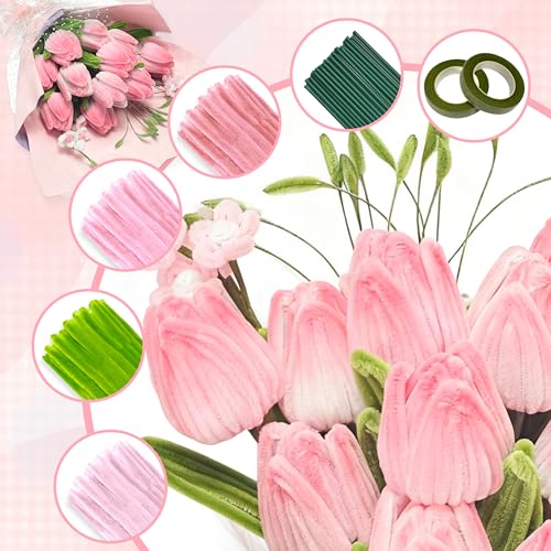 LINAYE 500 PCS Pipe Cleaners Craft, 6 Colors Pipe Cleaners Flowers Kit, Chenille Stems for Crafts with Instruction Wrapping Paper, Flower Stamens, Stems Art and Craft Supplies Pink (12inch x 6mm) - color: Pink