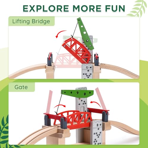 SainSmart Jr. Wooden Train Set Accessories, Moveable Lifting Bridge Set with Track for Kids Compatible with Thomas, Brio, Chuggington, Melissa and Doug