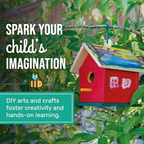 Beetle & Bee Build A Bird Bungalow - DIY Kid Art Craft Outdoor Birdhouse Kit, House Painting Kit for Kids, Hardware Glue Included- 4 Paints, 1 Brush, 7 Wooden Pcs, Chain For Tree Hanging Age 5+ - style: Build a Bird Bungalow