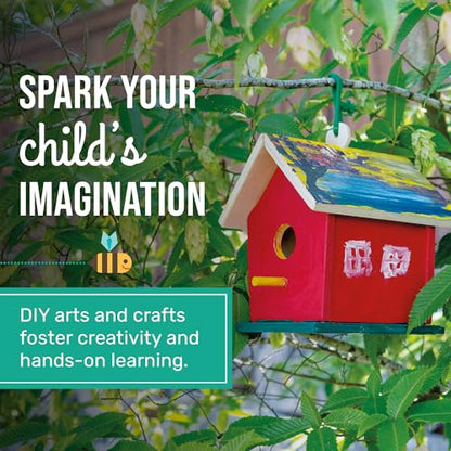 Beetle & Bee Build A Bird Bungalow - DIY Kid Art Craft Outdoor Birdhouse Kit, House Painting Kit for Kids, Hardware Glue Included- 4 Paints, 1 Brush, 7 Wooden Pcs, Chain For Tree Hanging Age 5+ - style: Build a Bird Bungalow