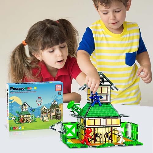 PicassoTiles 102pc Magnet Tile Building Block Ninja & Troop Theme Double Sided Printings 2in1 with 8 Character Figures Magnetic Tiles Construction Playset Fine Motor Skill STEM Educational Age3+ PTQ02 - color: Ninja & Troop