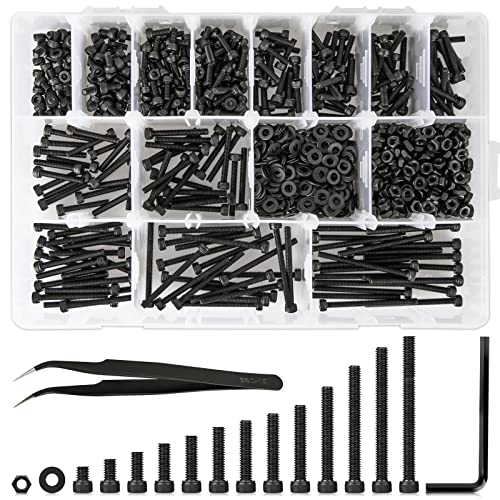 1023PCS Metric M3 Bolt Assortment 4MM to 40MM 13 Lengths, 12.9 Alloy Steel Screws Nuts and Washers Hex Socket Head Cap Machine Screws, Black Bolts and Nuts Kit - size: A. M3