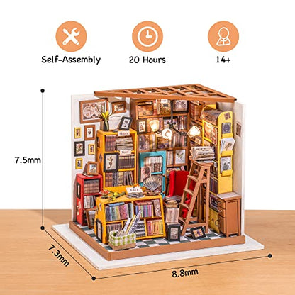 ROBOTIME DIY Miniature House Kit Miniature Dollhouse Kit Tiny House Kit for Adults Library House Kits Best Birthday Gifts for Teens(Sam's Study) - color: Sam's Study