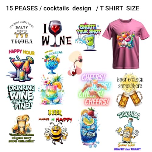 Cocktail DTF Transfers–Heat Press Ready Iron on Gang Sheet for T-Shirts & Hoodies – Summer Drink Sublimation Transfer–Beverage PNG Bundle–DTF Ready Design–Funny Beer Wine Graphics for Adults - color: Cocktail Design