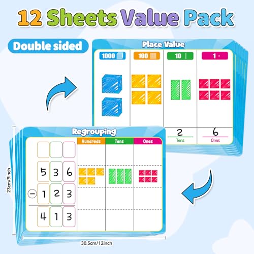 12 Pack Place Value Dry Erase Flash Cards Chart, 9" x 12" Base Ten Addition and Subtraction Math Manipulatives 1st 2nd 3rd Grade Classroom Must Haves Teacher Homeschool Supplies Essential - color: Blue
