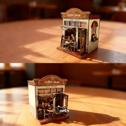 3D Wooden Coffee Shop Book Nook Kit - DIY Miniature Model with LED Lights, 143 Precision-Cut Pieces for Adults & Teens (1:24 Scale, Stress Relief Craft Gift) - color: Coffe Shop