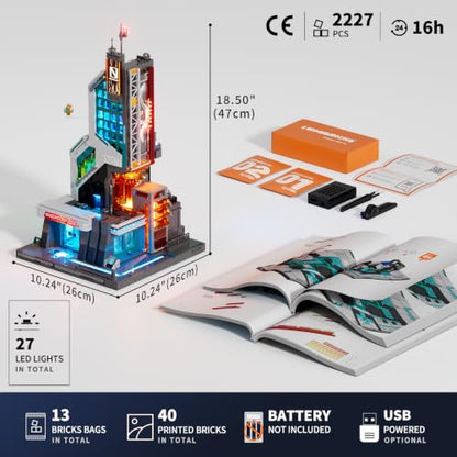 Lumibricks Cyberpunk Neon-Tech-Tower Lighting Building Bricks Set, 2227pcs