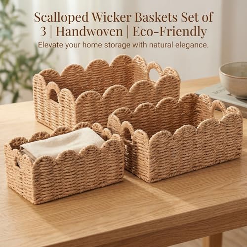 Scalloped Wicker Baskets Set of 3, Hand-Woven Storage with Handles - color: Tan