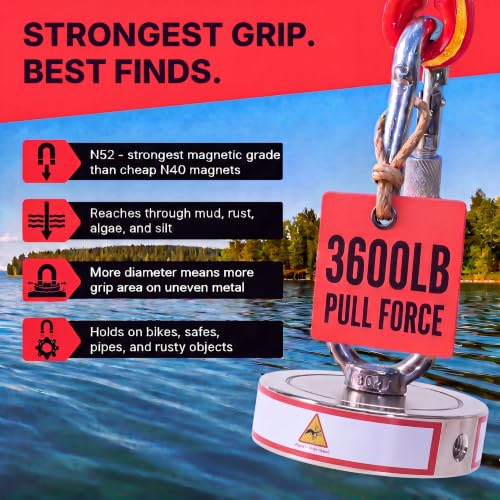 3600LB’s Complete Magnet Fishing Kit | Double Sided Fishing Magnet Kit with Case | Includes Strong Neodymium N52 Magnets, Durable 65ft Rope, Carabiner, Gloves, Grappling Hook & Carry Case - size: 3600 LB Double Sided Magnet Kit
