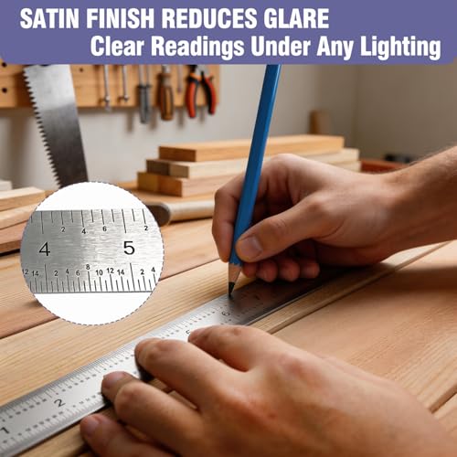 12 Inch Machinist Ruler Set - Stainless Steel Precision Double Sided Ruler with 1/64, 1/32, 1/16 & 1/8 Inch Graduations, Etched Markings - for Engineers,Woodworking and DIY (1, 12 Inch) - size: 12 Inch
