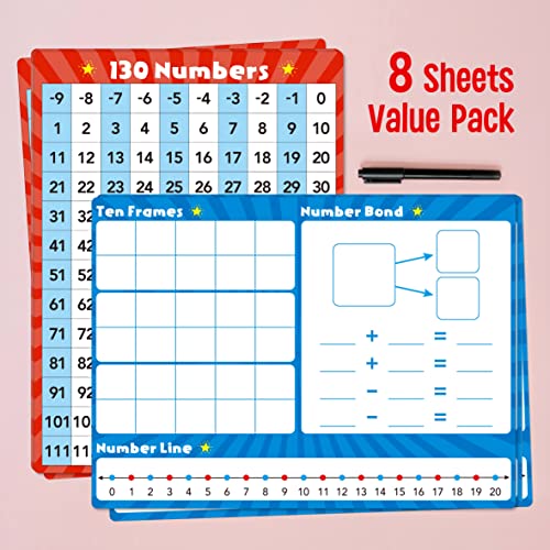 8 Packs Number Line Whiteboards Cards, Double Sided Dry Erase Board Writable and Erasable 130 Numbers Chart White Board for Kids, Students, Classroom and Home (12” x 9”) - color: Number Line Whiteboards Cards