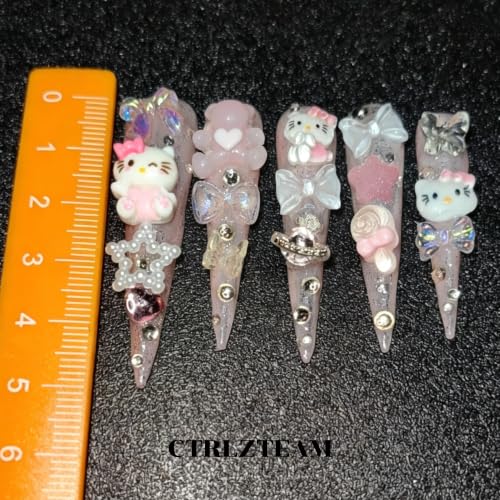 CTRLZTEAM Y2K Kawaii Press on Nails Extra Long Stiletto Pink Glitter Nails - color: Jelly Pink, size: S