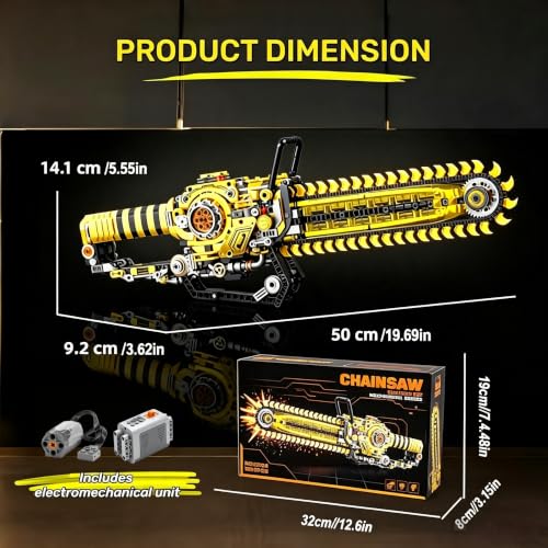 Mechanical Chainsaw Building Kit, 1096 Pcs Motorized Rotating Chain Model with 2-in-1 Manual & Electric Gear Drive, LED Lights, STEM Engineering Toy Gift for Adults Teens & Kids 8+
