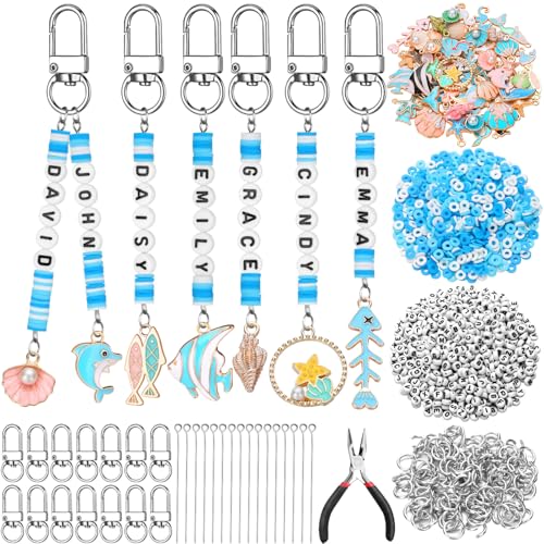 Tondiamo 2823 Pcs Ocean Keychain Making Kit Seashell Bag Charm Beach DIY Craft Sea Themed Key Ring Starfish Mermaid Charms Letters Beads String for Gift Jewelry Key Ring Backpack Accessories - style: Marine