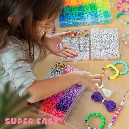 Gionlion 4200Pcs Pony Beads for Bracelet Making Kit, 48 Colors Kandi Beads Bracelet Kit, 2500PCS Rainbow Candy, 1700PCS Friendship Letter Bead with 20 Meter Elastic Strings - color: 48 Colors 4200PCS