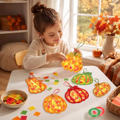 Renbuzhu 48PCS Fall Crafts Bulk: Pumpkin Paper Suncatchers DIY Kit for Autumn Thanksgiving Activities Decorations, Window Stained Glass Effect Art Supplies - style: pumpkin