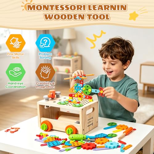 Wooden Toddler Tool Bench with Electric Toy Drill & Pull-Along Storage Cart - color: Tools Set-1
