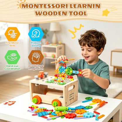 Wooden Toddler Tool Bench with Electric Toy Drill & Pull-Along Storage Cart - color: Tools Set-1