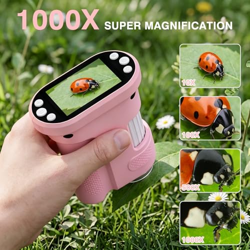Kids Digital Microscope, 1000X Handheld Pocket Microscope STEM Science Toy - color: Pink