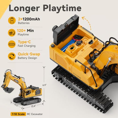 Remote Control Excavator Toy for Boys, 2.4GHz RC Excavator Toys with Metal Bucket, 12-Channel Construction Vehicle with Mist/Lights/Sound, 2x1200mAh Batteries, STEM Birthday Gift for Kids 8-12 - size: 13.4*4.5*6.9IN