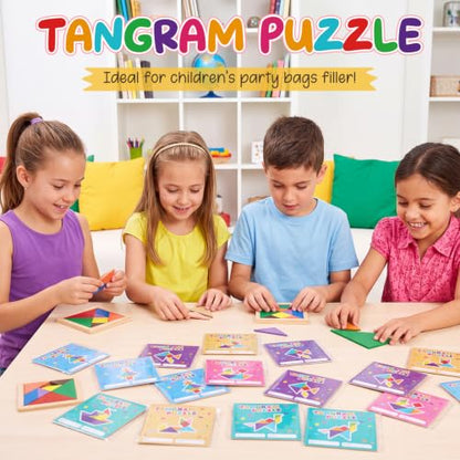 Dunzoom 50 Pack Wooden Tangram Puzzle Bulk Kid Party Favor Educational Toy