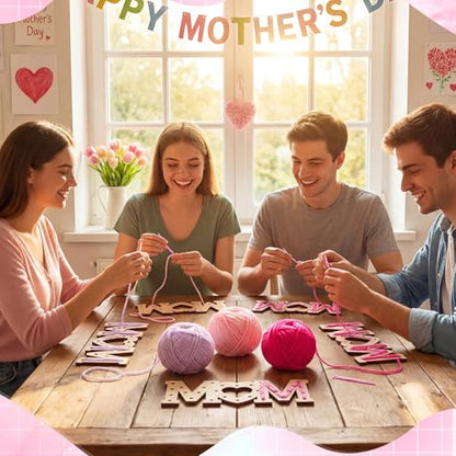 Kathfly 24 Sets Mother's Day Wooden Craft Kit, Wood Mom String Craft Ornaments with Yarn and Plastic Weaving Tools, DIY Lacing Art Hanging Decorations for Activities Handcraft Gifts - style: Mom
