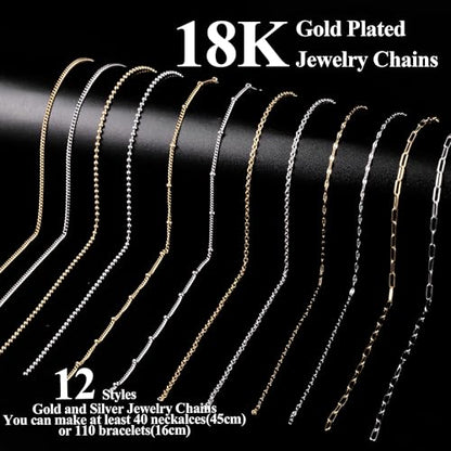 HUISUYTON 18K Gold 59FT 12Roll Necklace Chain Kit for Jewelry Making - color: 18k Gold Plated and Stainless Steel Silver-59Ft+Pendants