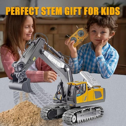 KIZJORYA Remote Control Excavator, Toys for Boys Age 6-12, Rechargeable 11 CH RC Construction Vehicles Truck with Sound Light Metal Shovel, Birthday for Kids 7 8 9 10+ Year Old(2.4 GHz) - style: real remote control Excavator