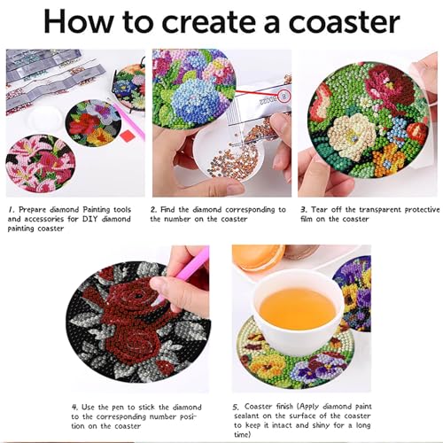 Xylogist 8 Pcs Flowers Diamond Art Coasters with Holder 4X4 inch - color: Flowers Coasters