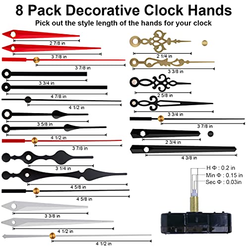 EMOON 4 Pieces Clock Mechanism Replacement Kit with 8 Pack Clock Hands, Silent Sweep Clock Motor Kit Battery Operated for Clock Repair DIY Replacement, Custom Clock - size: Total Shaft Length 5/8 in