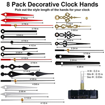 EMOON 4 Pieces Clock Mechanism Replacement Kit with 8 Pack Clock Hands, Silent Sweep Clock Motor Kit Battery Operated for Clock Repair DIY Replacement, Custom Clock - size: Total Shaft Length 5/8 in